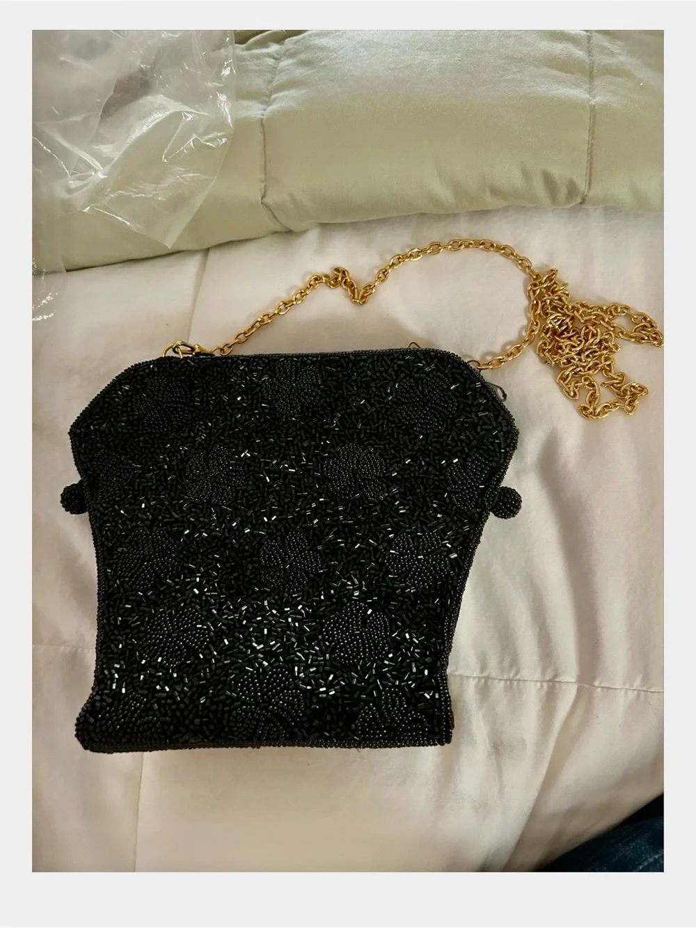 Black Beaded Evening Crossbody Bag with Gold Chain